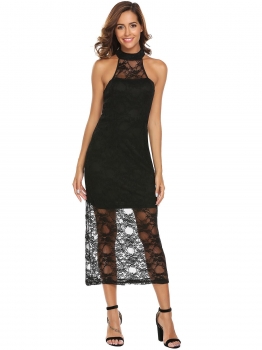 

Black Halter Sleeveless Keyhole Lace Party Dress, Multicolor