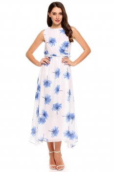 

Blue Sleeveless Maxi Floral Chiffon Dress with Lining, Multicolor