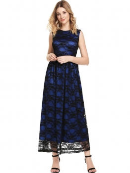 

Blue O-Neck Sleeveless Lace Out-layer Maxi Dress, Multicolor