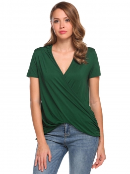 

Army green Solid V-Neck Short Sleeve Cross Front Faux Wrap Draped Tops, Multicolor