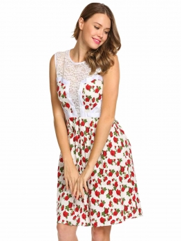 

White Sleeveless Lace Patchwork Floral Print Dress, Multicolor