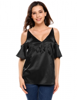 

Black V-Neck Cold Shoulder Patchwork Loose Fit Satin Tops, Multicolor