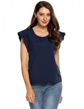 

Navy blue O-Neck Pleated Sleeve Solid Loose Fit Blouse, Multicolor