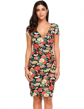 

Black V-Neck Floral Printed Ruched Package Hip Bodycon Dress, Multicolor