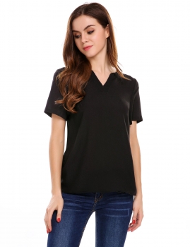 

Black V-Neck Short Sleeve Solid Loose Pullover Blouse, Multicolor