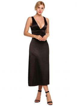 

Black V-Neck Sleeveless Waist Ruched Backless A-Line Dress, Multicolor