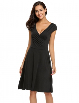 

Black Surplice Neck Cap Sleeve Ruched Pleated Dress, Multicolor