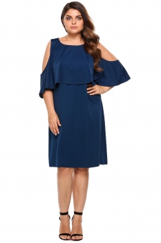 

Blue Plus Size Cold Shoulder Ruffles Solid Dress, Multicolor