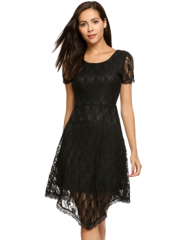 

Black Lace Fit and Flare Asymmetrical Hem Dress, Multicolor