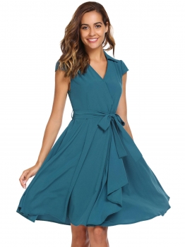 

Blue Surplice Neck Cap Sleeve Swing Dress with Belt, Multicolor