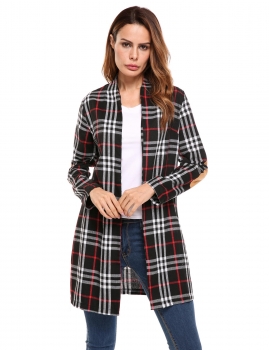 

Black Elbow Patch Patchwork Plaid Long Sleeve Long Jacket, Multicolor