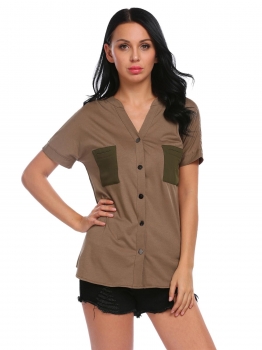 

Army green Women Fashion V-Neck Short Sleeve Patchwork Button Dip Hem Tops, Multicolor