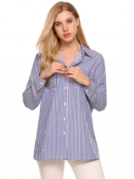 

Blue white Striped Long Sleeve Button Down Collar Loose Shirts, Multicolor