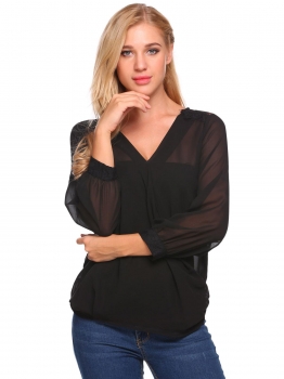 

Black Long Sleeve Lace Patchwork Chiffon Tops, Multicolor
