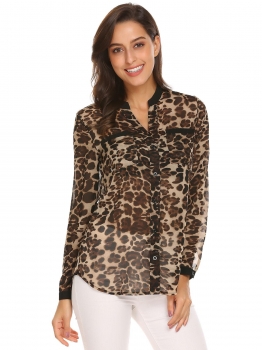 

Gray Women Casual V-Neck Long Sleeve Leopard Lightweight Chiffon Shirt, Multicolor