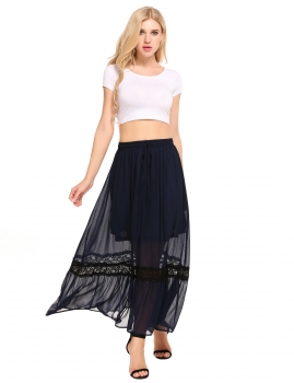 

Blue Casual Elastic Waist Lace Patchwork Pleated Skirt, Multicolor