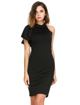 

Black Solid One Sleeve Zipper Back Pencil Dress, Multicolor