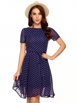 

Blue O-Neck Short Sleeve Dot Dress with Belt, Multicolor