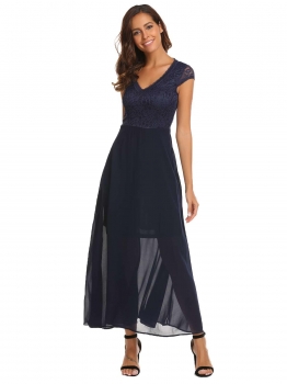 

Navy blue Women Fashion V-Neck Short Cap Sleeve Lace Patchwork High Waist Long Maxi Dress, Multicolor