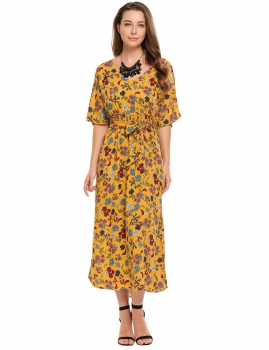 

Yellow V-Neck Half Sleeve Floral Beach Maxi Dress, Multicolor