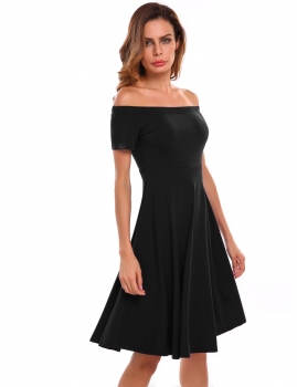 

Black Off Shoulder Short Sleeve Solid Pleated Dress, Multicolor