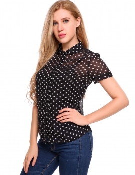 

Black Dot Short Sleeve Doll Collar Buttoned Semi-sheer Chiffon Blouse, Multicolor
