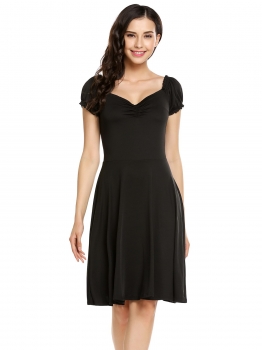 

Black V-Neck Short Sleeve Backless Ruched Swing Short Dress, Multicolor