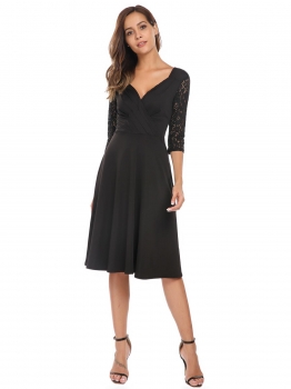 

Black Surplice Neck 3"4 Sleeve Lace Patchwork Pleated Dress, Multicolor