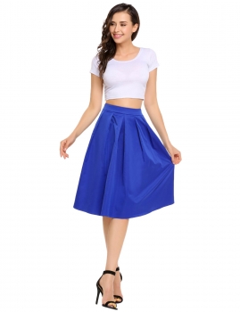 

Blue Casual Elastic Waist Side Zipper A-Line Pleated Swing Solid Skirt, Multicolor