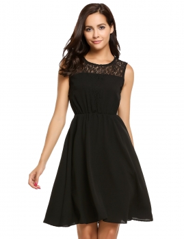 

Black Sleeveless Lace Patchwork O Neck Elastic Waist Swing Dress, Multicolor