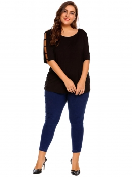 

Black Women Fashion O-Neck Half Sleeve Solid Ladder Hollow T-Shirt, Multicolor