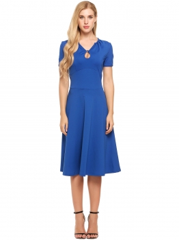 

Blue Vintage Style Keyhole Short Sleeve Draped Solid Dress, Multicolor