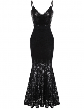 

Black Spaghetti Strap Sequins Embellished Hollow Lace Fishtail Maxi Mermaid Dress, Multicolor