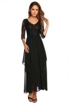 

Black Lace Chiffon Patchwork V Neck Vintage Maxi Dress, Multicolor