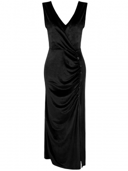 

Black Surplice Neck Sleeveless Split Side Ruched Velvet Dress, Multicolor