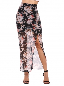

Black High Waist Chiffon Floral Split Slim Skirt, Multicolor