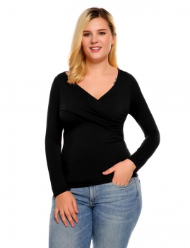

Black Faux Wrap V-neck Long Sleeve Solid Slim Tops, Multicolor