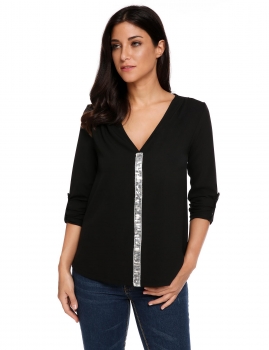 

Black Sequined Patchwork V-Neck Long Sleeve Chiffon Shirts, Multicolor