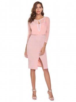 

Apricot 3"4 Sleeve Mesh Patchwork Knee Length See Through Package Hip Work Dress, Multicolor