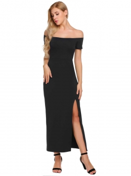 

Black Women Slash Neck Off Shoulder Short Sleeve Package Hip Side Split Sexy Dress, Multicolor