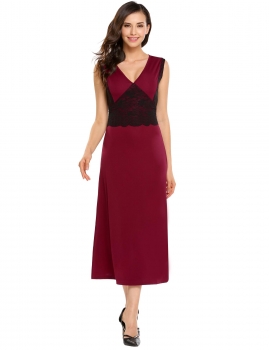 

Wine red Lace Patchwork Slim V Neck Sleeveless Evening Party Maxi Dress, Multicolor