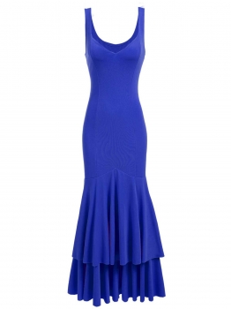 

Dark blue Solid V-Neck Sleeveless Ruffle Pleated Multi Layers Hem Dress, Multicolor