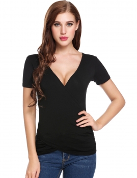 

Black Short Sleeve V Neck Solid Pullover Slim Fit Soft Wrap T-Shirt, Multicolor