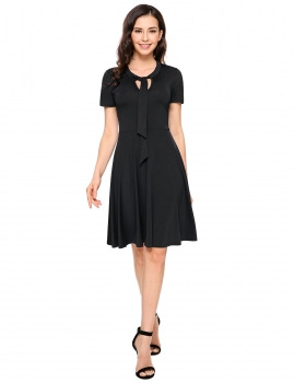 

Black Short Sleeve Solid Bow Tie A-Line Dress, Multicolor