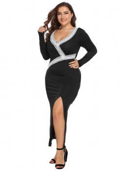 

Black V-Neck Long Sleeve Lace Patchwork Split Bodycon Dress, Multicolor