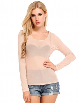 

Apricot O-Neck Long Sleeve See-through Mesh Elastic, Multicolor