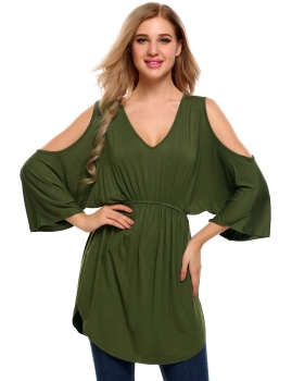 

Army green Cold Shoulder Batwing Sleeve Circular Arc Hem Tops, Multicolor