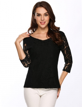 

Black 3"4 Sleeve V-neck Lace Patchwork Long Sleeve Slim T-shirts, Multicolor