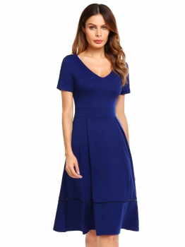 

Navy blue V-Neck Short Sleeve Solid A-Line Dress, Multicolor