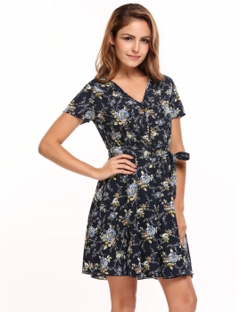 

Blue Floral V-neck Short Sleeve Party Beach Slim Mini Dress, Multicolor